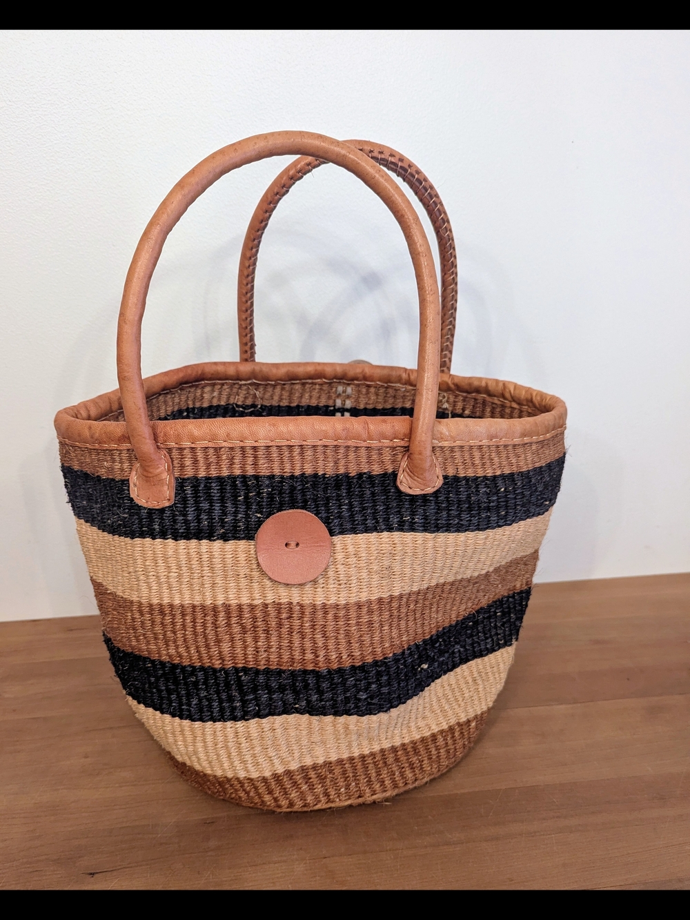 Handwoven Kenyan Bolga Market Basket | Leather Handle Woven Tote